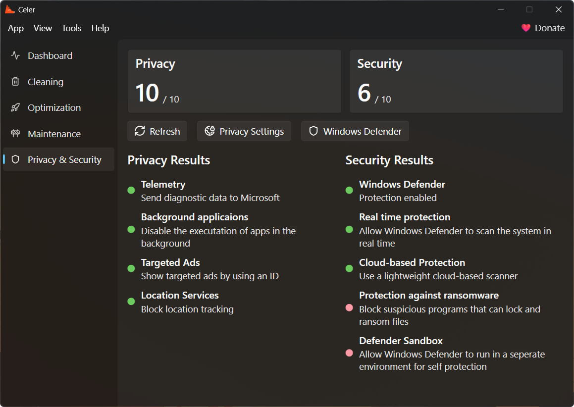 Privacy & security module that runs a quick check on the privacy and security state of the system