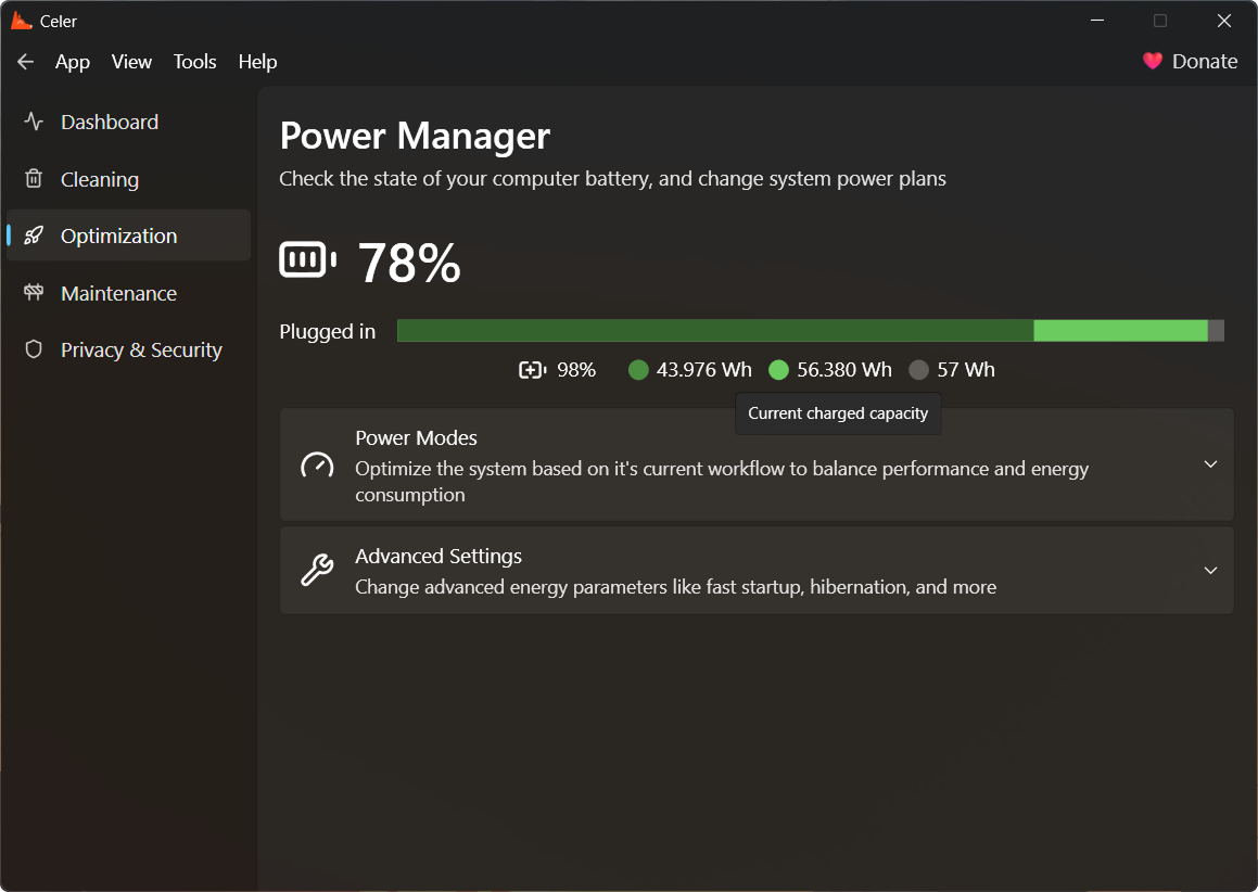 Power manager module showing status of the battery and switching power plans
