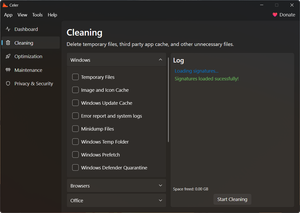 Cleaning module showing the items that the user can choose to clean from their system as well as the log of what's happening in the right side