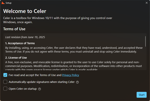 The onboarding window showing the terms of usage and quick settings that the user can opt in